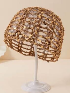 8 Other Reasons Gold Sequin Open-Weave Crochet Beanie